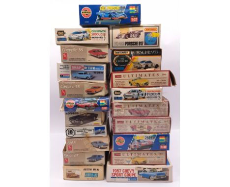 Lindberg, Monogram, Airfix, AMT, Fujimi and similar, a boxed group of motor vehicle plastic kits including sports cars, class