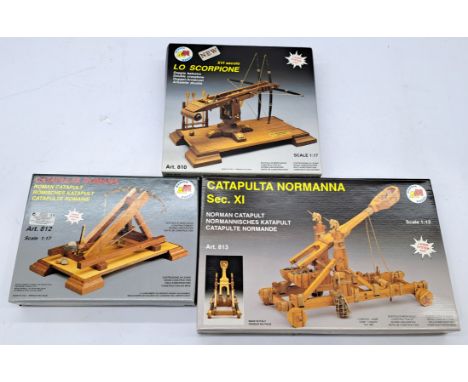 Mantua Models Medieval weaponry wooden model kit group, comprising of catapults and double crossbow, to include No.812 Roman 