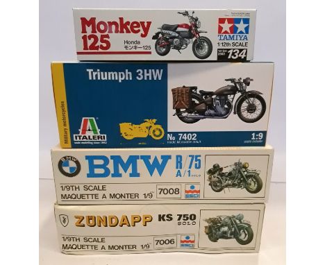 ESCI, Tamiya &amp; Italeri, a boxed Group of 1:9 &amp; 1:12 Scale Motorbike Model Kits. Includes 7008 BMW R/75 with others. A