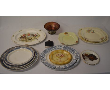 Carnival glass bowl, various meat dishes including Alfred Meakin and a hip flask