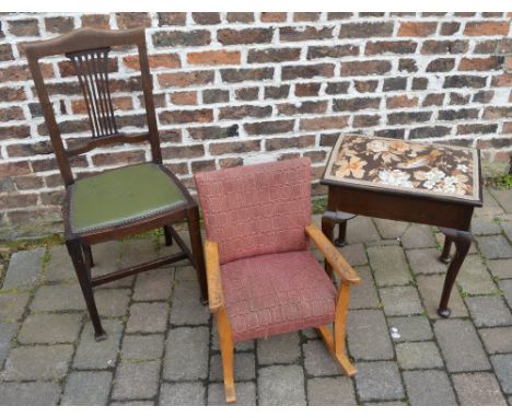 Dining chair, childs upholstered rocking chair and a piano stool