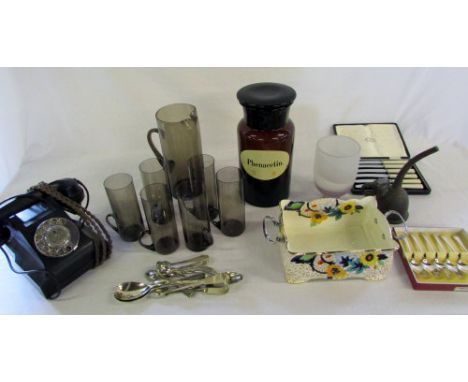 Various studio glass, Victorian dark brown pharmacy jar, vintage black telephone, silver plate, pottery oil can & a ceramic s