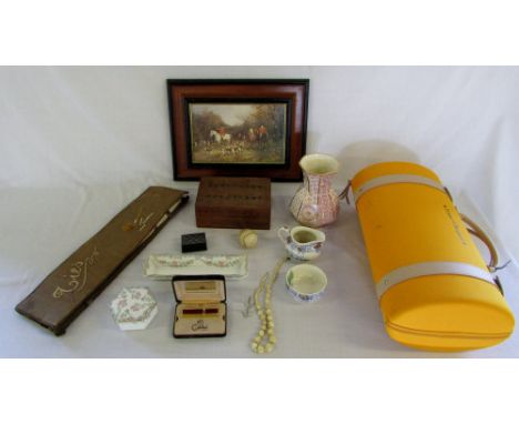 Various ceramics inc Spode and Masons, jewellery box, small hunting print, tie folder with ties & Veuve Clicquot insulated tr