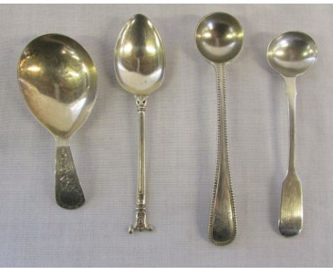 Silver caddy spoon London 1834, teaspoon Birmingham 1932 & 2 other spoons London 1863 and London 1868 total weight 1.36 oz