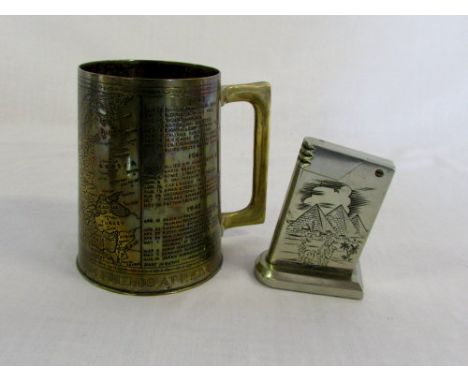 Brass tankard with inscribed WWII timeline and map & an engraved table lighter