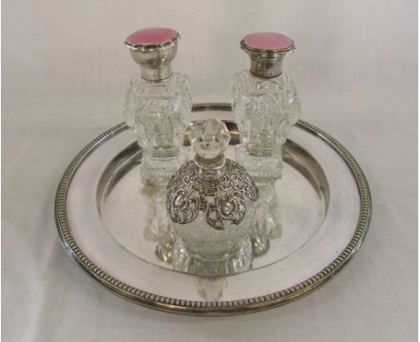 Silver plated tray & 3 hallmarked silver topped scent bottles