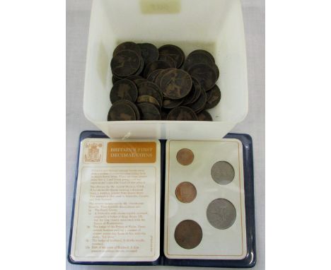 Assorted old pennies and Britain's first decimal coin set