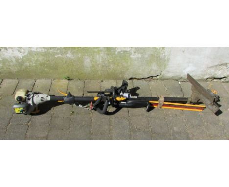 Ryobi strimmer with extension pole, chainsaw and hedge cutter attachments