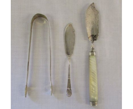 Silver sugar tongs London 1801 & butter knife Sheffield Maker Atkin Brothers and mother of pearl handle silver butter knife L