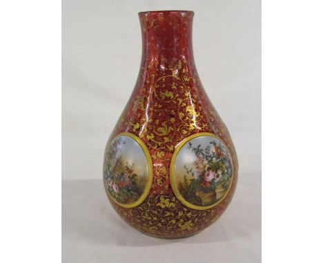 Ruby glass vase with floral decorations H 22 cm