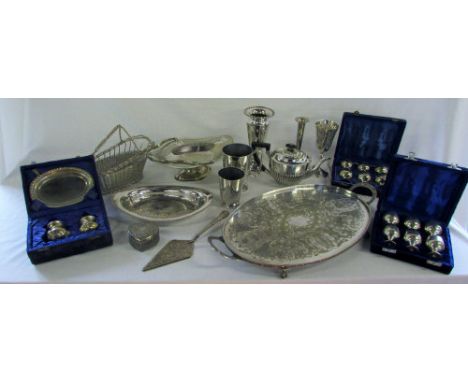 Various silver plate inc oval tray, teapot, cased egg cups & wine holder