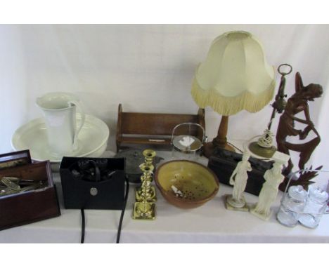 Various items inc jug & bowl, book rack, binoculars, ceramic strainer, statues, silver plate and brass ware (2 boxes)