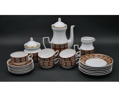 A vintage Soviet era coffee service, viz: coffee pot, milk jug, sugar bowl, cups, saucers and plates, marked RPR Riga to the 