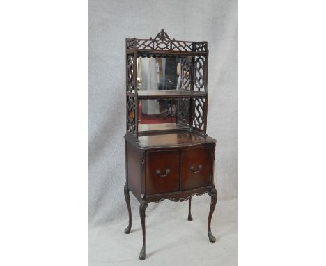 A late 19th century mahogany mirror backed side cabinet with Chinese style pierced shelved upstand above panel doors on well 