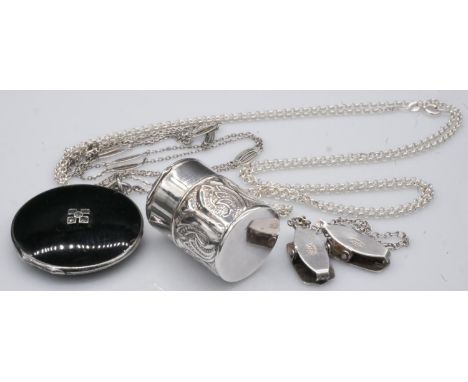 A collection of silver items. Including a German Art Deco silver, marcasite and black enamel locket/compact on fancy link sil