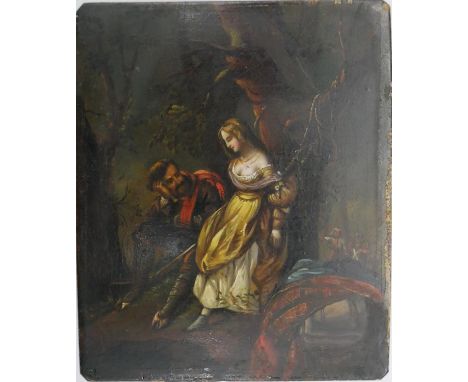 A C.1900 Continental oil on copper plaque depicting an army man with a lady in the woods with his regiment looking for him. U