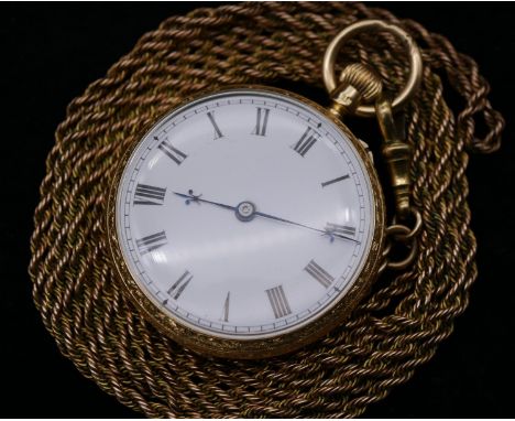 A Victorian 18 carat yellow gold pocket watch with rolled gold rope chain with Albert clip. The watch has a white enamel dial