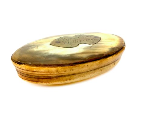 Welsh interest: a 19th century oval blonde horn snuff box - oval, with brass plaque engraved 'David Evans Gelligwenyn', the u