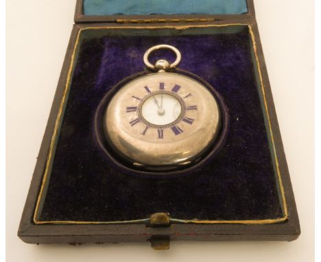 A silver half-hunter key-wind pocket watch - the case with blue-enamel Roman numerals to the chapter ring; white-enamel dial 