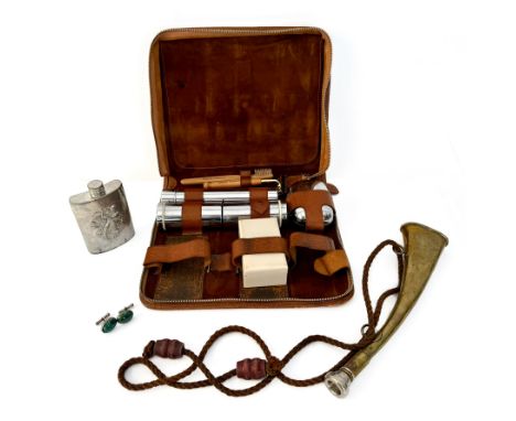 A mixed lot of four: a pair of silver and agate cufflinks; a pigskin-cased gentleman's travelling vanity set with chrome and 