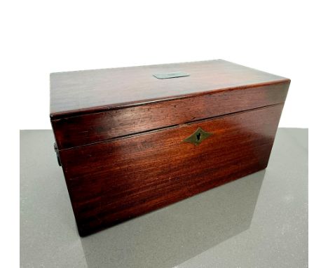A 19th century mahogany tea caddy - rectangular, with pewter plaque to lid, pressed brass fruit basket ring handles to sides,