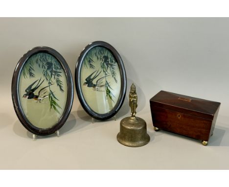 Three pieces, comprising -  1. A pair of oval reverse painted glass pictures - second half 20th century, depicting swallows a
