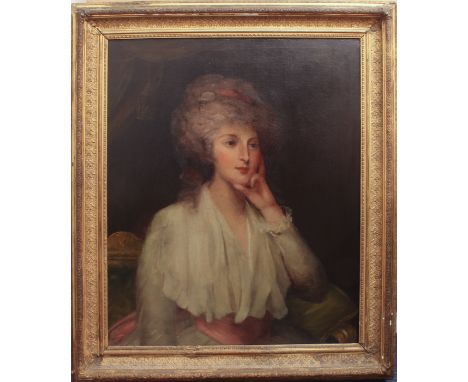 Follower of George Romney (early 19th century) Portrait of a lady, half length, seated on a gilt chair oil on canvas, relined