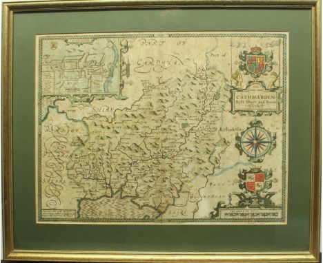 John Speede (1552-1629): an original engraved map of Caermarden - 'Both SAhyre and Towne described', with (probably later) ha