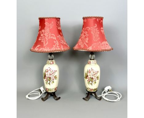 A pair of china, glass and bronzed metal table lamps - mid-20th century, the ovoid lamps with transfer printed decoration of 