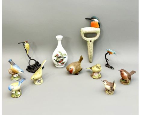 A small collection of bird ornaments - including six Aynsley bone china garden birds, the largest 9cm high; a Bowbrook bronze