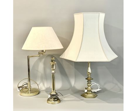 Three brass table lamps - comprising a lamp with adjustable arm, 46.5cm high; an 18th century candlestick style lamp with tur