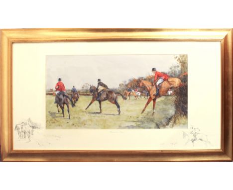 English School (20th century) 'Burning Pace', hunting scene colour print with monochrome vignettes to mount 15 x 29¼in (38.1 