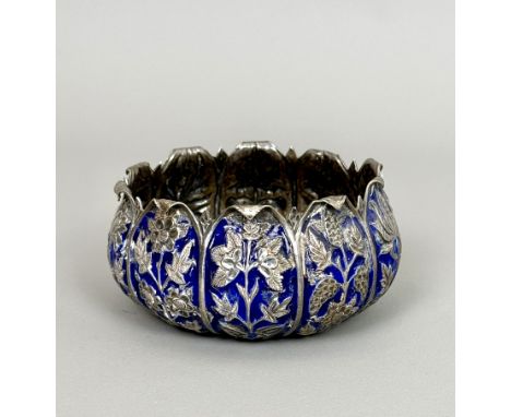 An antique white metal and enamel lotus bowl - probably Thai, early 20th century, insided three character mark to inside of b