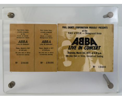 Memorabilia - Original ABBA ticket for Thursday the 3rd of March 1977 at the Showground Arena N.S.W. Australia, with facsimil