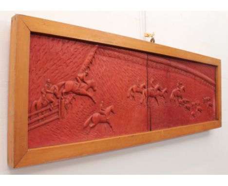 A relief carved panel in the Arts &amp; Crafts style, depicting a hunting scene - first half 20th century, the carved oak pan
