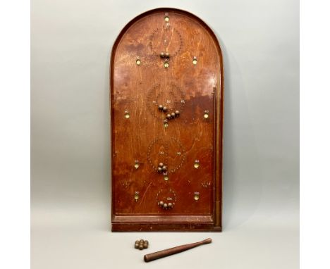 A vintage beech wood Bagatelle board - early 20th century, arched form, with brass plated cups, nail posts and traps and whit