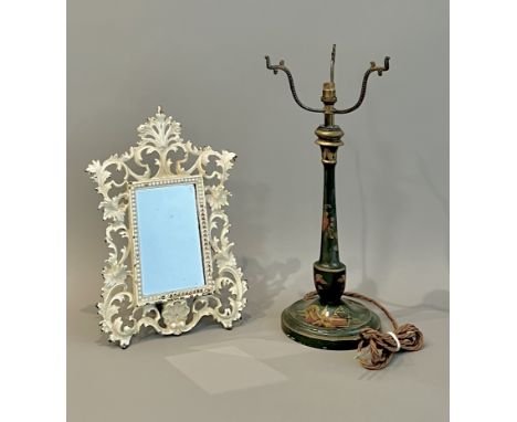 A painted cast brass dressing table mirror - early 20th century, the pierced foliate frame around a rectangular plate, a hing