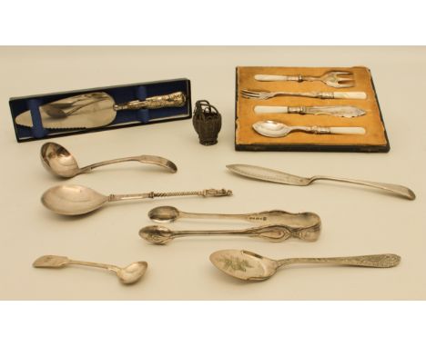 Silver and silver-plated flatware to include: 1. a silver-handled pie-server - KB Sheffield 1984, boxed; 2. a Hanau low-grade