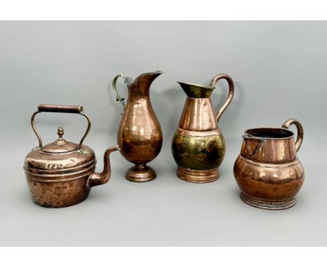 Four pieces of antique copper ware - comprising a Victorian kettle; a copper water jug, 20.25cm high; a copper and brass pitc
