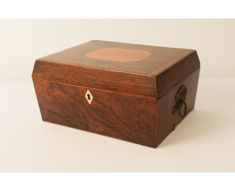 A tulipwood and satinwood tea caddy - first half 19th century, the lid with octagonal patera and chevron banding, diamond-sha