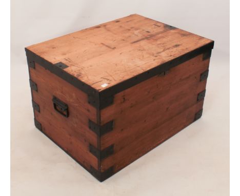 A late 19th century iron-bound pine trunk or chest - originally a silver chest (interior now vacant), iron side handles. (LWH