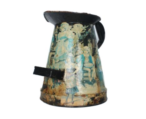 A large decoupage decorated water jug or pitcher - 34cm high, some rust and fading to decoupage.