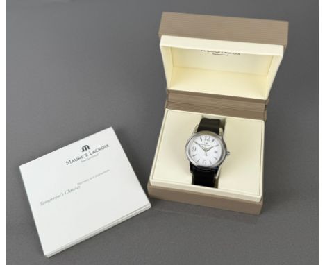 A Maurice Lacroix stainless steel gents quartz wrist watch - ref. AG64556, white dial with silvered baton markers with Arabic