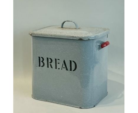 A vintage mid-century grey and red enamelled bread bin - 29.5cm high plus lid.