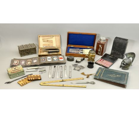 A box of collectables - including a cast bronze table casket; a Georgian tortoiseshell and pique work snuff box (a/f); an Iri