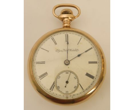 A rolled gold open-face bezel-wind pocket watch - c. 1889 Elgin National Watch Company, white-enamel dial with subsidiary sec