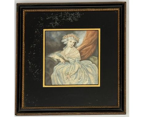 Three pictures, comprising -  1. A watercolour and embroidered silk portrait of a lady, c.1948, 13 x 12.5cm, in a Hogarth sty