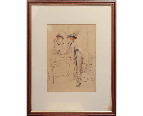 A. Kaby (French, fl.1910-1930) Preparing for an evening out etching with hand colouring 15 x 10 5/8in (38.1 x 27cm), wooden f