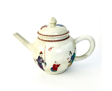 An 18th century Worcester teapot - globular form, painted with chinoiserie / mandarin figures below a cross and chain border 