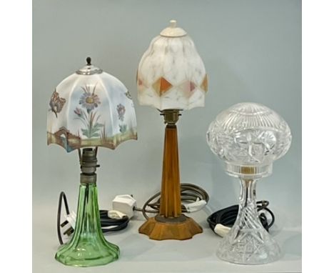 Two Art Deco period table lamps - one in green glass, with hand painted milk glass shade, 39cm high; the other in catalin wit